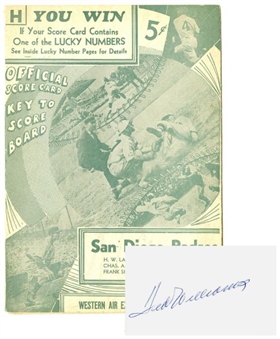 1937 Pacific Coast League San Diego Padres Program Featuring Very Young Ted Williams With Signed Index Card